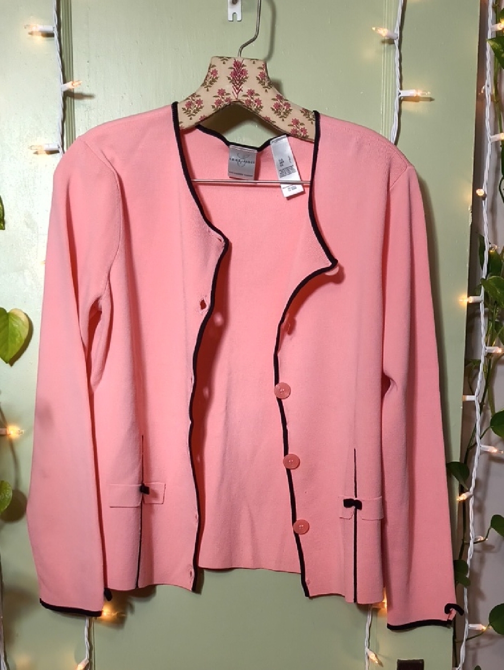 Women's 🆓 Emma James Pink Black Bow Piping Button Up Cardigan L